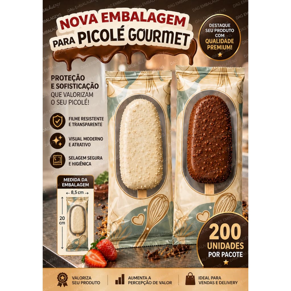 Saquinho transparente geladinho gourmet/ picolé mega/ paleta mexicana 8,5cm de largura x 20cm de altura