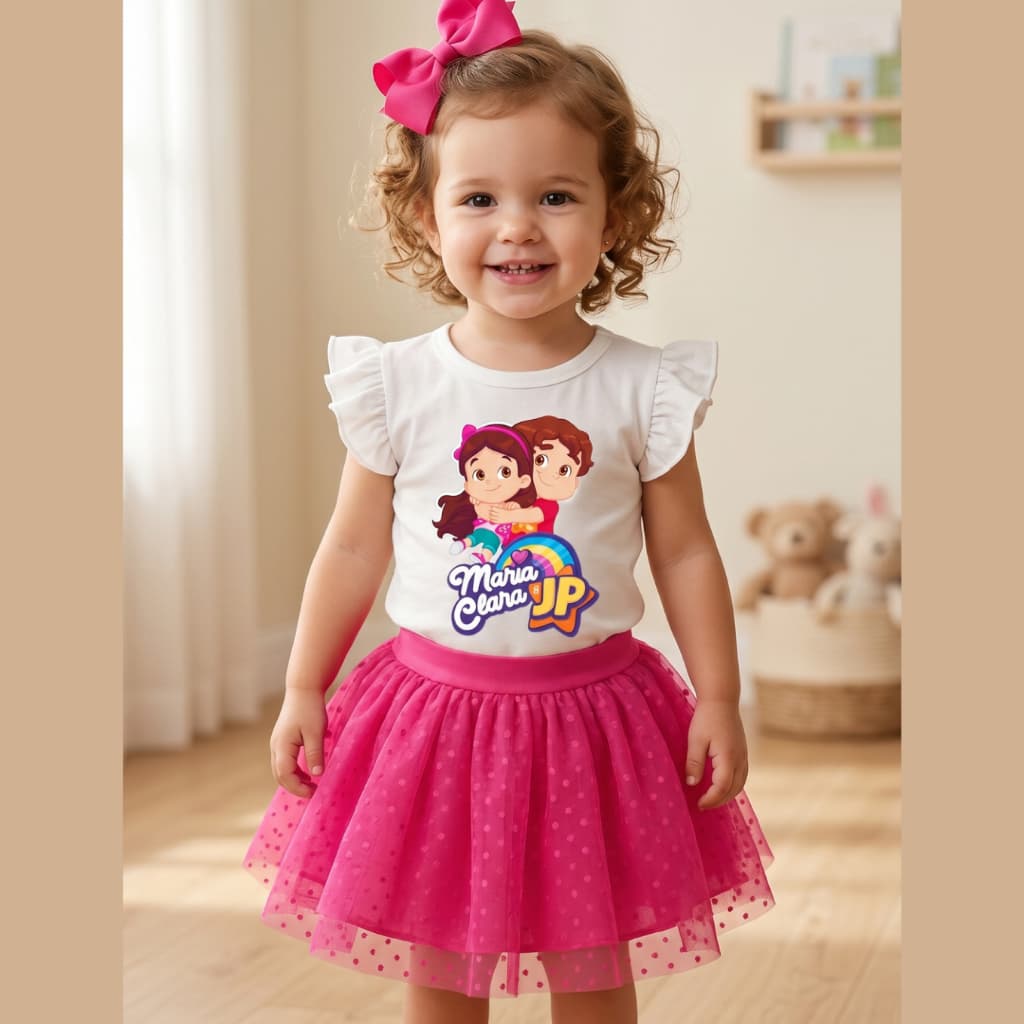 Conjunto Infantil Menina Look Blogueirinha Maria Clara JP 1 a 10 Anos Blusa OFF  Tule Pink Estiloso dia a dia