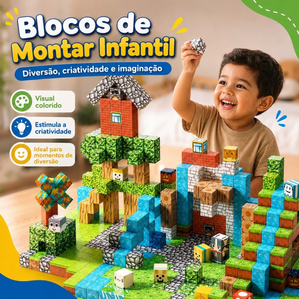 Blocos Magnéticos Brinquedo de Montar Construção Quebra Cabeça Infantil Diversos Mundos