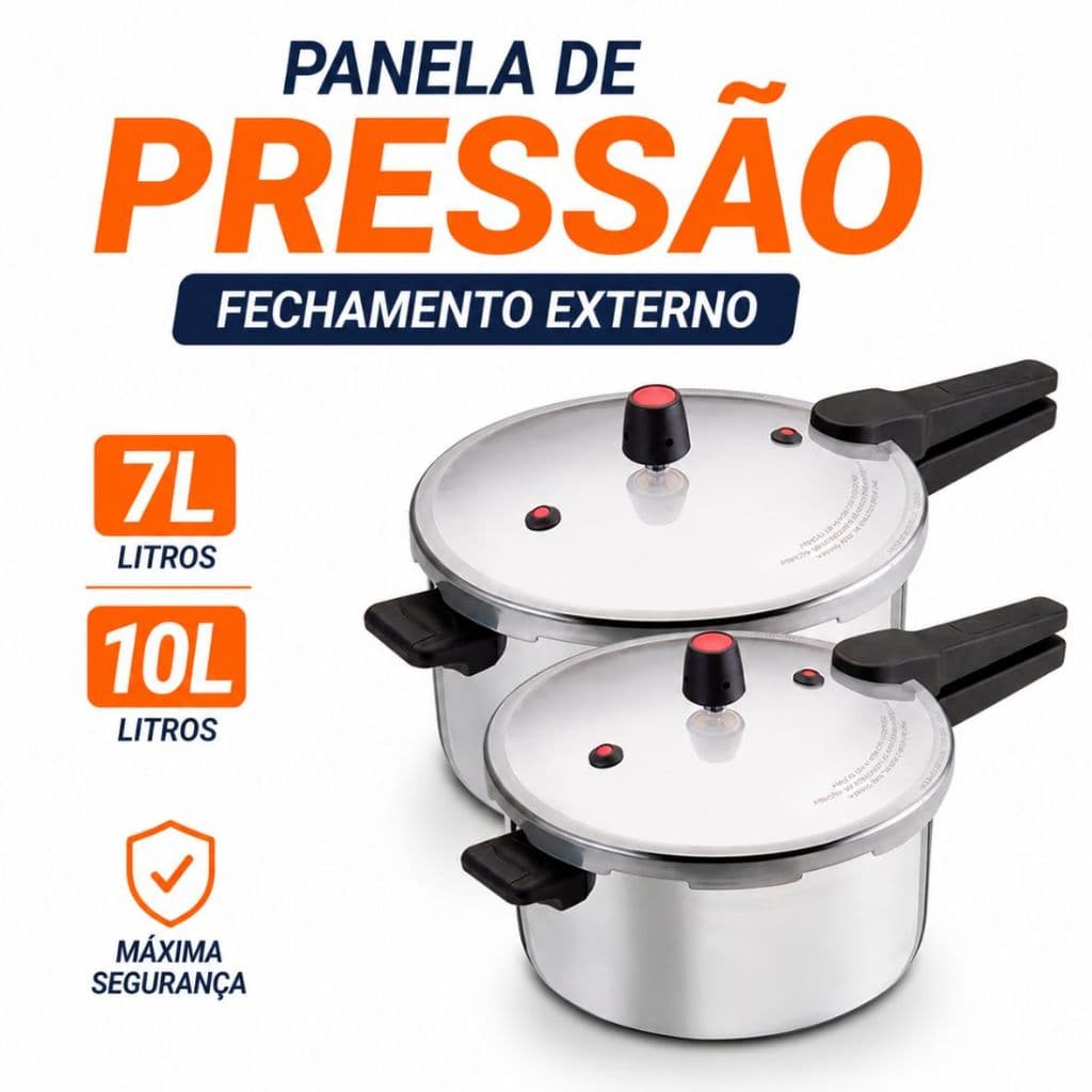 Panela de Pressão 7L e 10L Fechamento Externo Alta Segurança Aço/Alumínio Cozinha Nacional Polida
