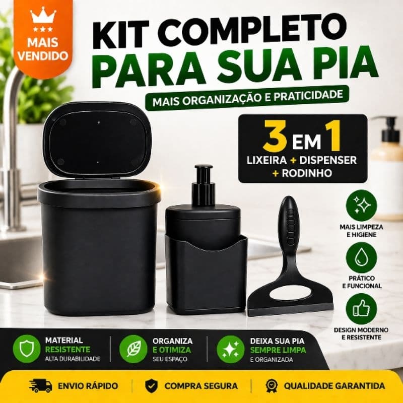 Conjunto Pia de cozinha Multiuso Porta Detergente , Bucha e Rodinho e  Lixeira 3,5 Litros