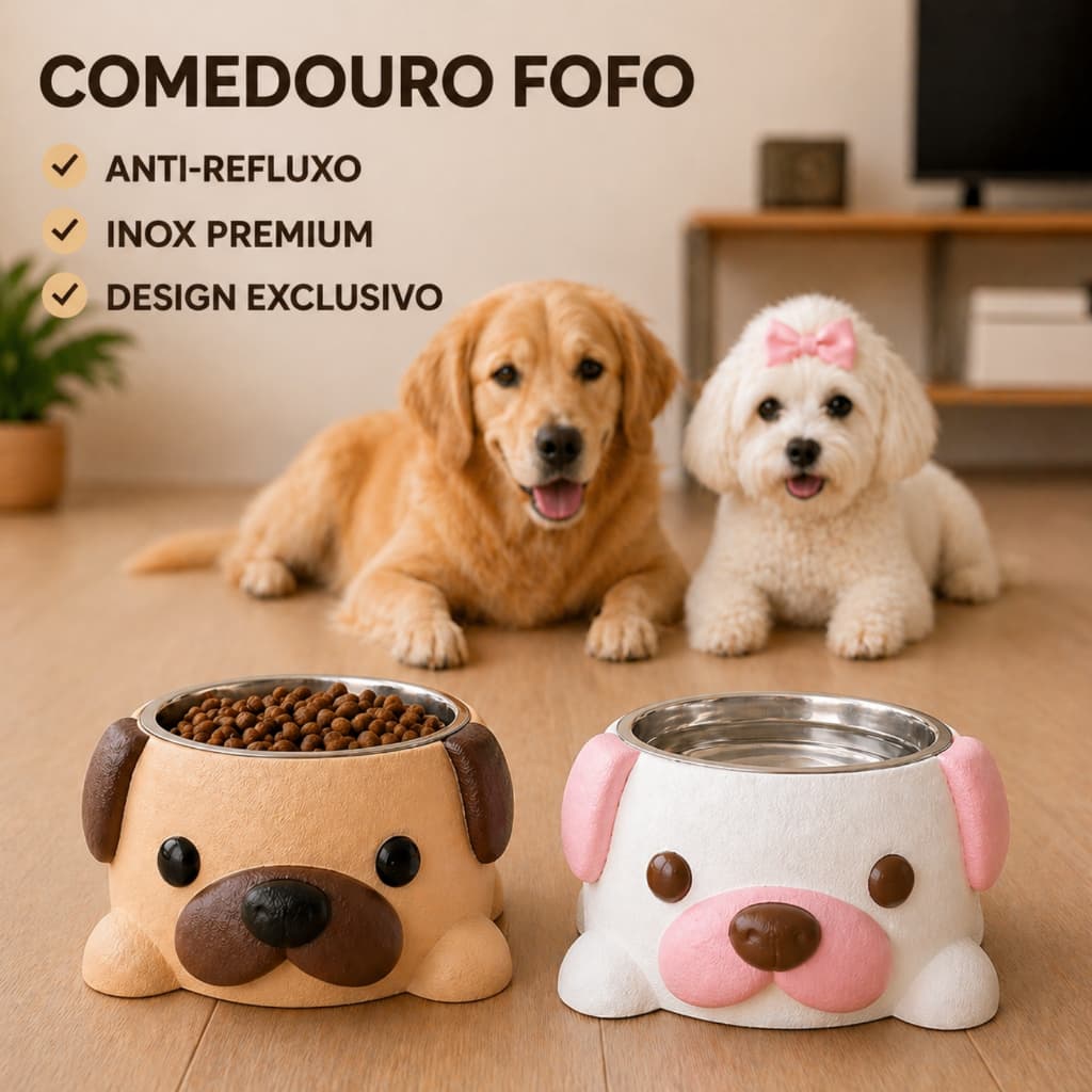 Comedouro Pet Elevado Anti Refluxo Inox Premium Tigela Cachorro e Gato 300ml Ergonômico Fofinho Design Exclusivo