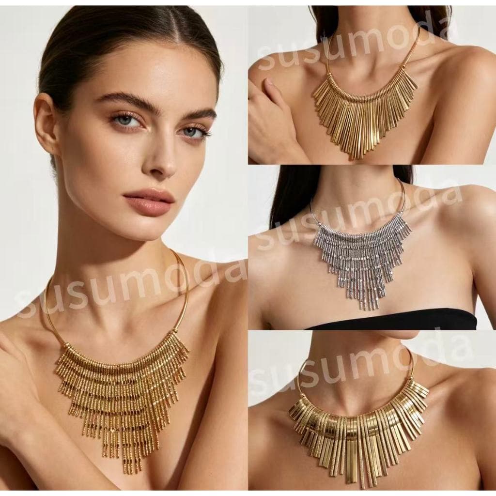 Colar médio Gargantilha Feminina Banhado a Ouro ou Prata– Franjas/Gomos Modernos,Moda Festa Luxo presente de aniversário