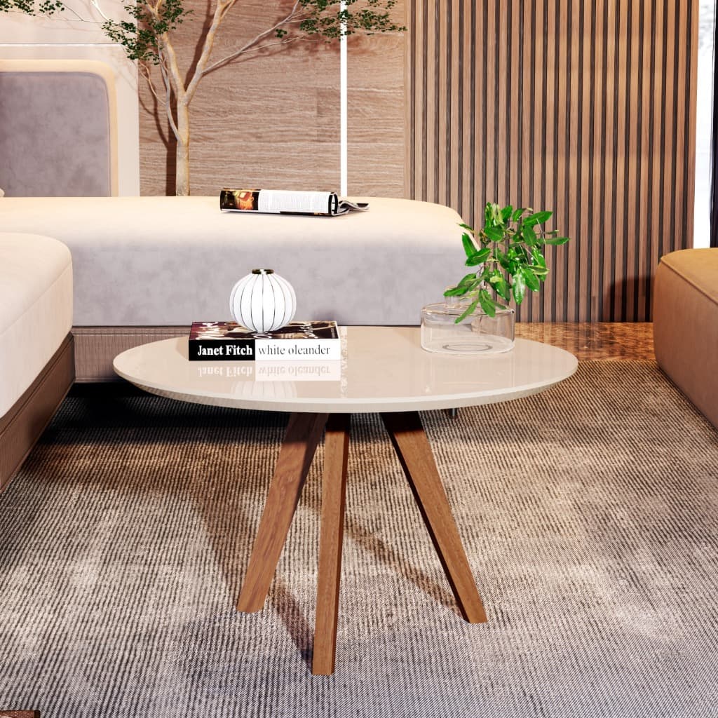 Mesa de Centro Redonda Dubai 60cm – Off White/Preta/Canela com Pés em Madeira Maciça Moderna Sala de Estar