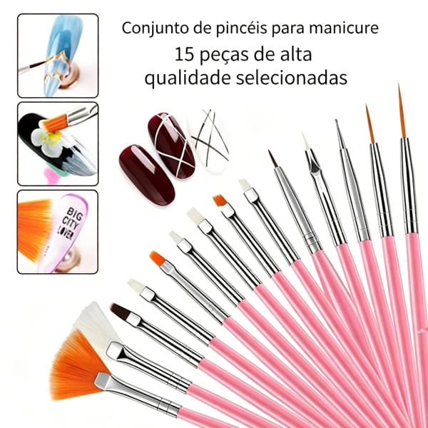 Kit 15 Pincéis Decoração Unhas Nail Art Pincel Profissional
