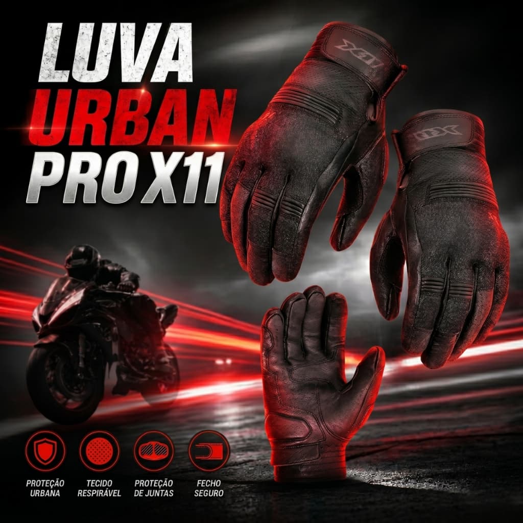 Luva X11 - Urban Pro - Couro Poliester - Com Protetor - Motociclista