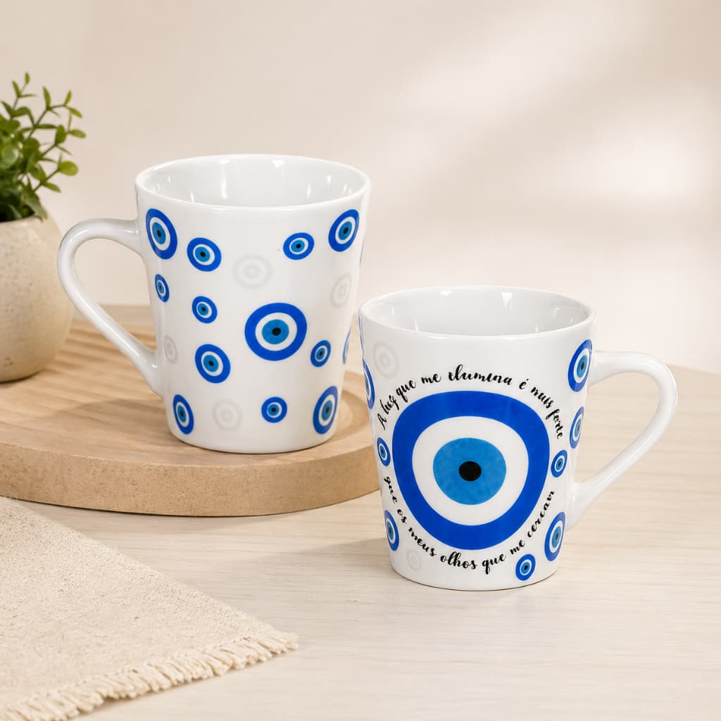 Jogo de Xicaras Olho Grego 2 Peças Café Chá Porcelana Decoração