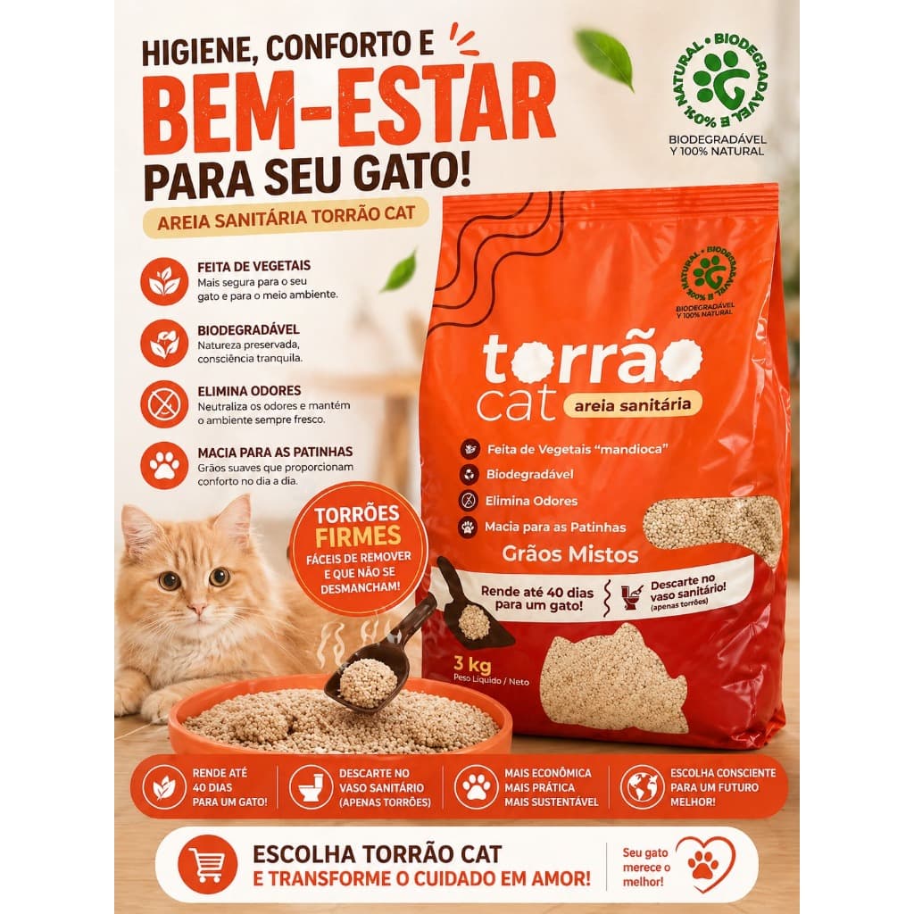Areia para Gato Torrão Cat 3kg Natural Grãos Mistos Alta Absorção Elimina Odores