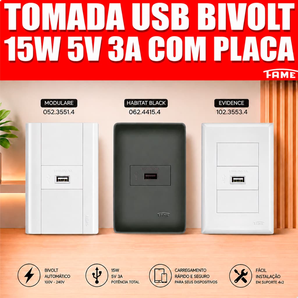 Tomada USB Bivolt 15W 5V 3A Fame com Placa - Escolha sua Linha: Evidence, Habitat Black ou Modulare