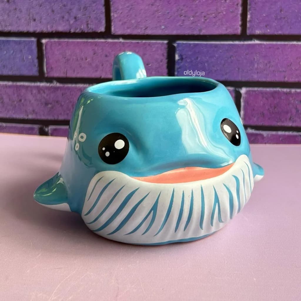 Caneca Baleia Azul Oceano Fofa Olho Fechado Cerâmica 300ml Presente Criativo Kawaii