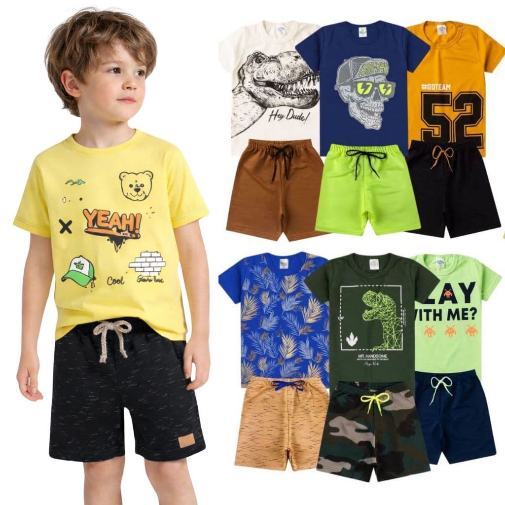 Kit 4 Conjuntos Infantil Menino Algodão Verão – 8 Peças Camiseta e Bermuda | 04 a 08 Anos