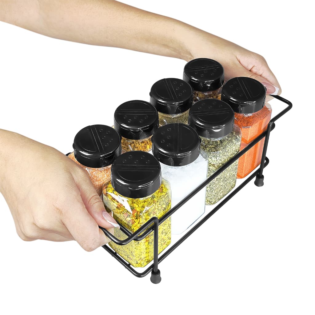 Suporte de Ferro para Temperos Mesa Bancada com 8 Potes 220ml Tampa Dupla + Etiquetas Condimentos