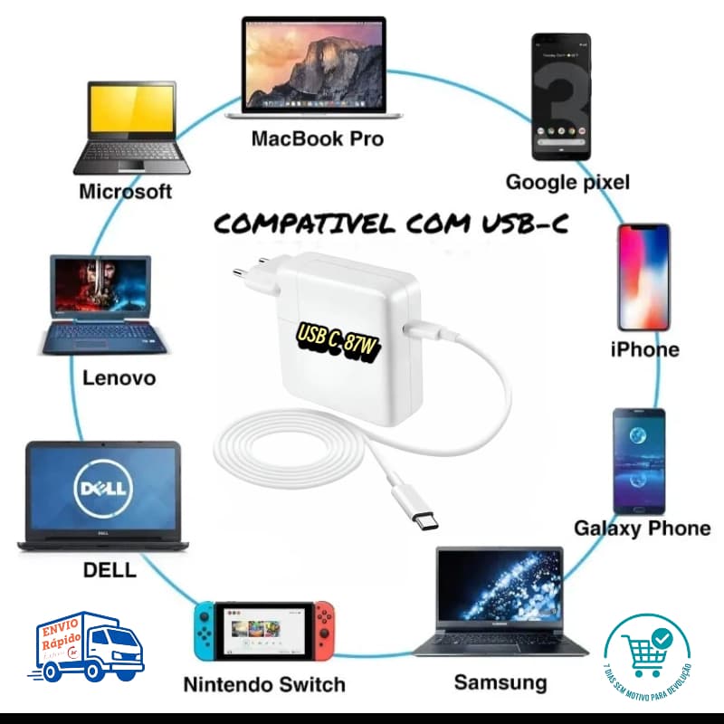 Fonte Carregador Compativel Notebook Macbook Pro 2016 2017 87w Usb Tipo C