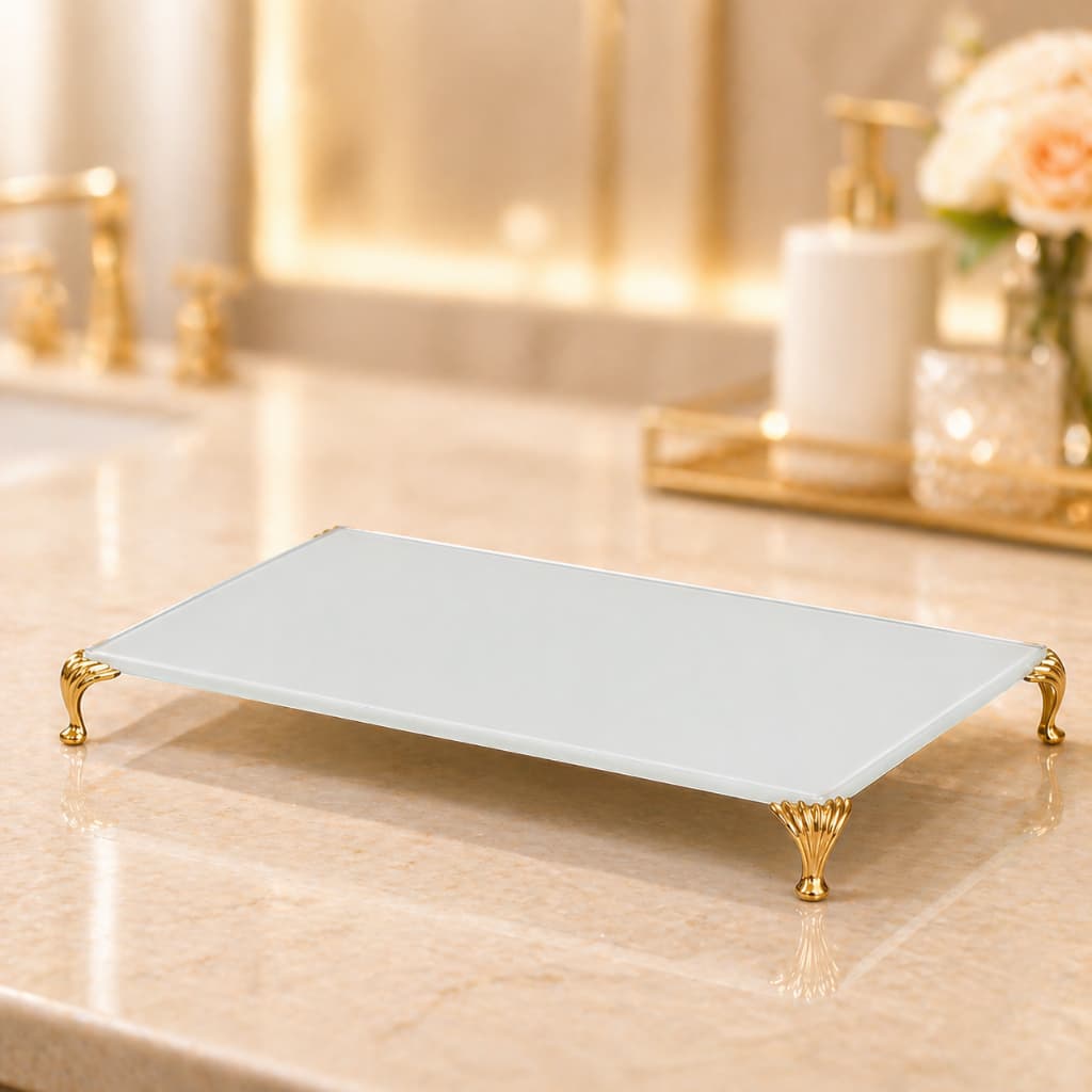 Bandeja Vidro Branco 23x12cm com Pés Metal Rose, Prata ou Dourado - Lavabo Banheiro Sala
