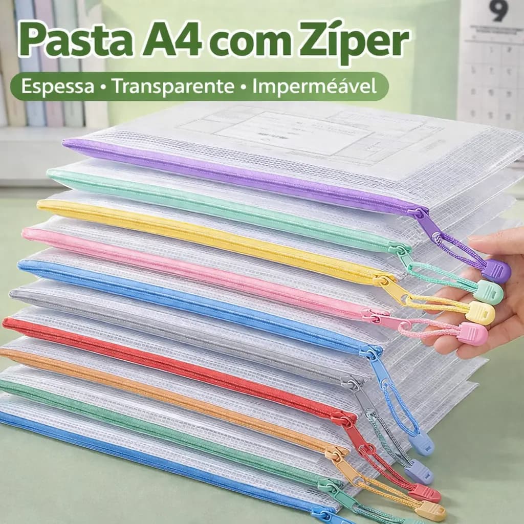 Kit 36 Pastas Zip A4 Transparentes Cor aleatória Porta Documentos Impermeável