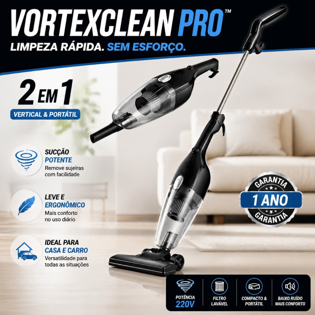 VortexClean Pro Aspirador Portátil Vertical 2 em 1 Potente Compacto Limpeza Casa Carro 220V