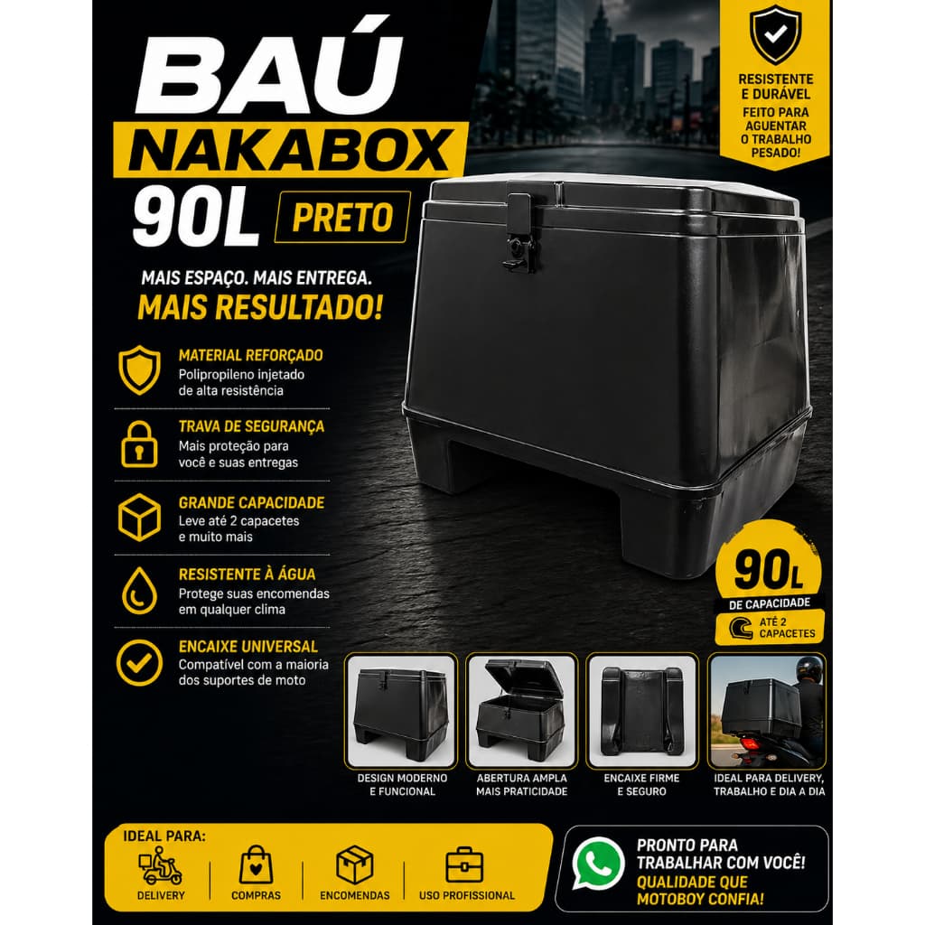 Baú MN3 Preto Nakabox 90 Litros Para Moto, Delivery, Motofrete