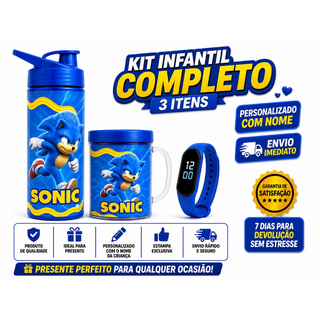 Sonic Garrafa Copo e Relógio Digital Infantil - Presente Aniversário com o Nome da Criança  FULL