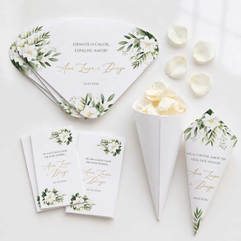 Kit Lenços Lágrimas de Alegria (60und), Ventarolas (60und) e Cones de Pétalas/Arroz (20und) Casamento Personalizado