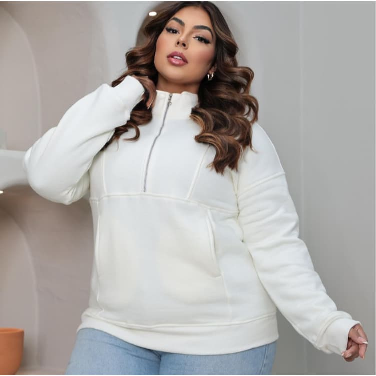 Moletom Plus Size Feminino G1 Tendência Inverno Gola Alta Zíper Com Bolso Confortável Estiloso
