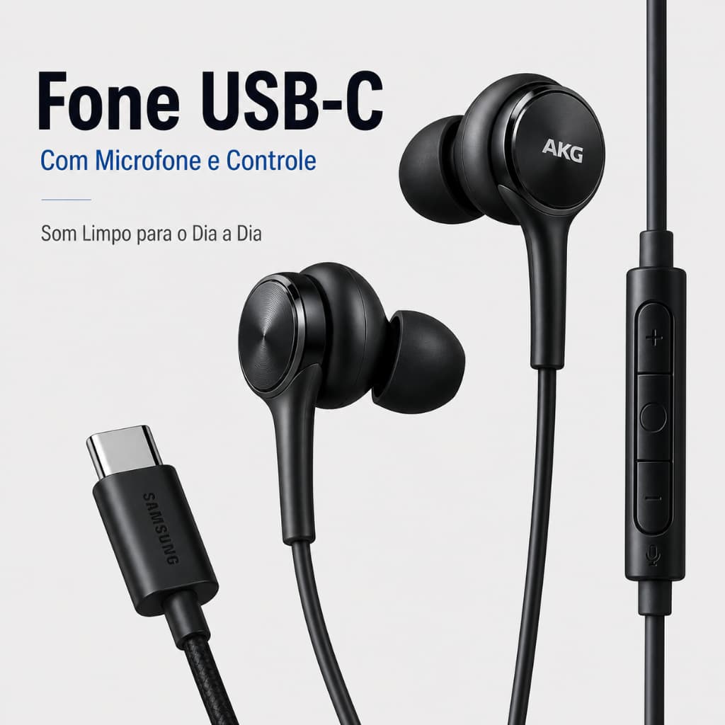 Fone De Ouvido USB-C Com Fio Controle Microfone Preto