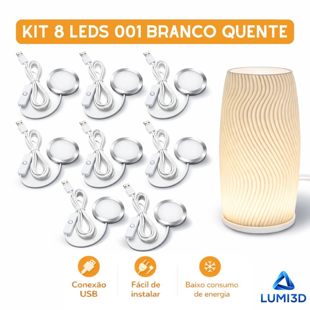 Kit 8x LED 001 Branco Quente USB 5V para Impressora 3D Bambu Lab Projeto DIY