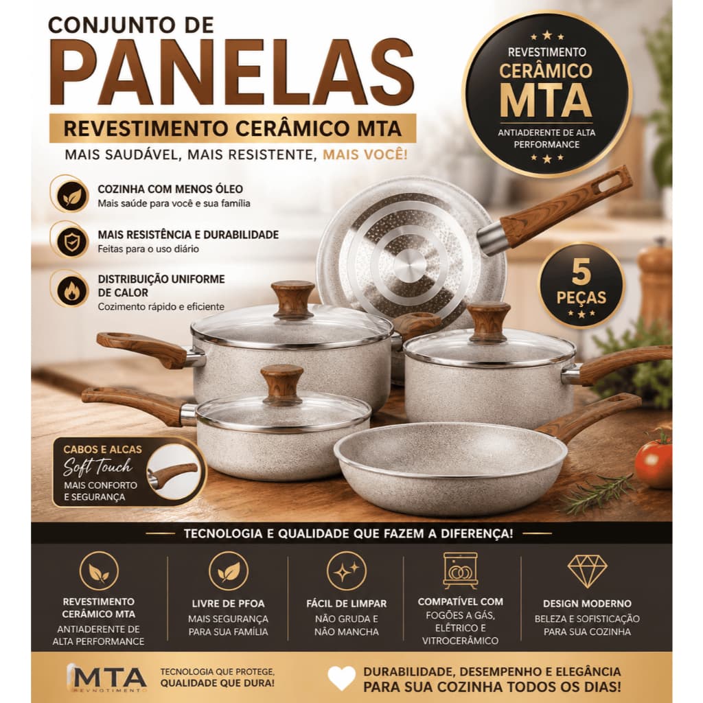 Conjunto de Panelas Alumínio Cerâmico Indução MTA 5 peças