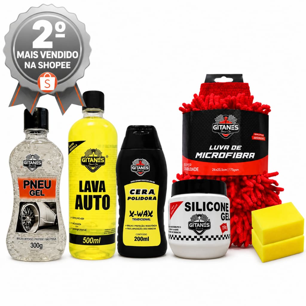 Kit Limpeza Automotiva- Lava Auto, Gel para Pneu, Cera Polidora e Silicone em Gel