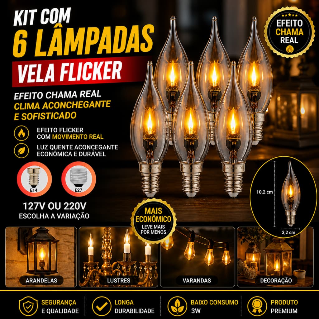 Kit 6 Lâmpadas Decorativas Efeito Chama Vela Flicker Sadokin