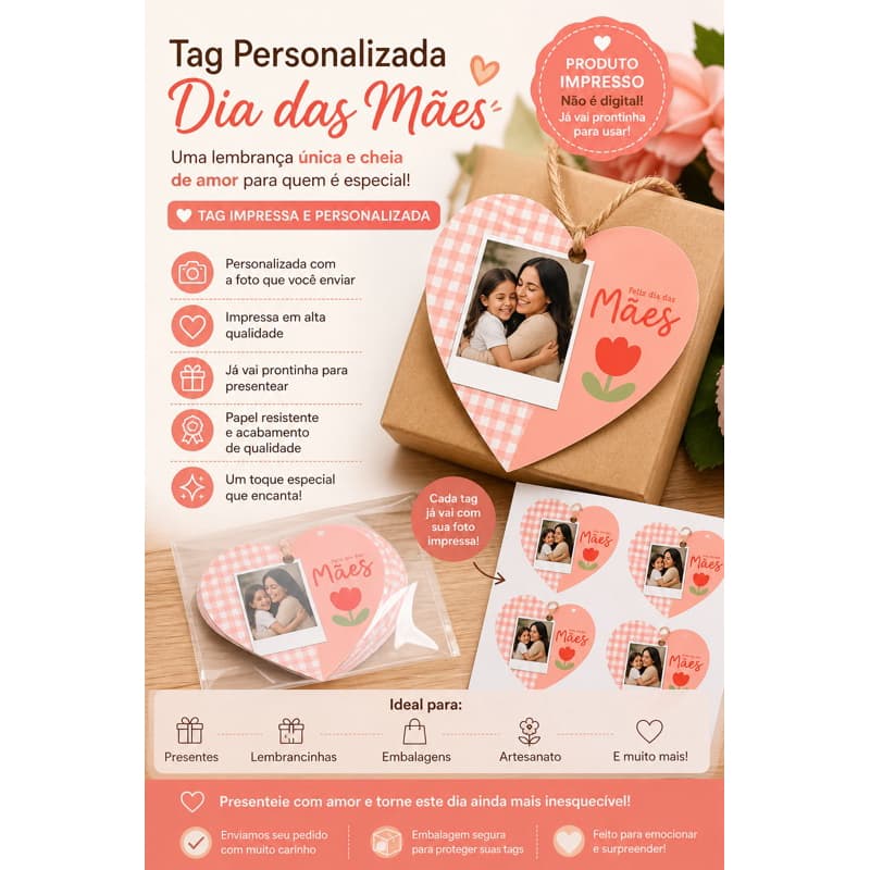5 Tag Dia das Mães Personalizada com Foto | Impressa Alta Qualidade | Presente Barato e Criativo