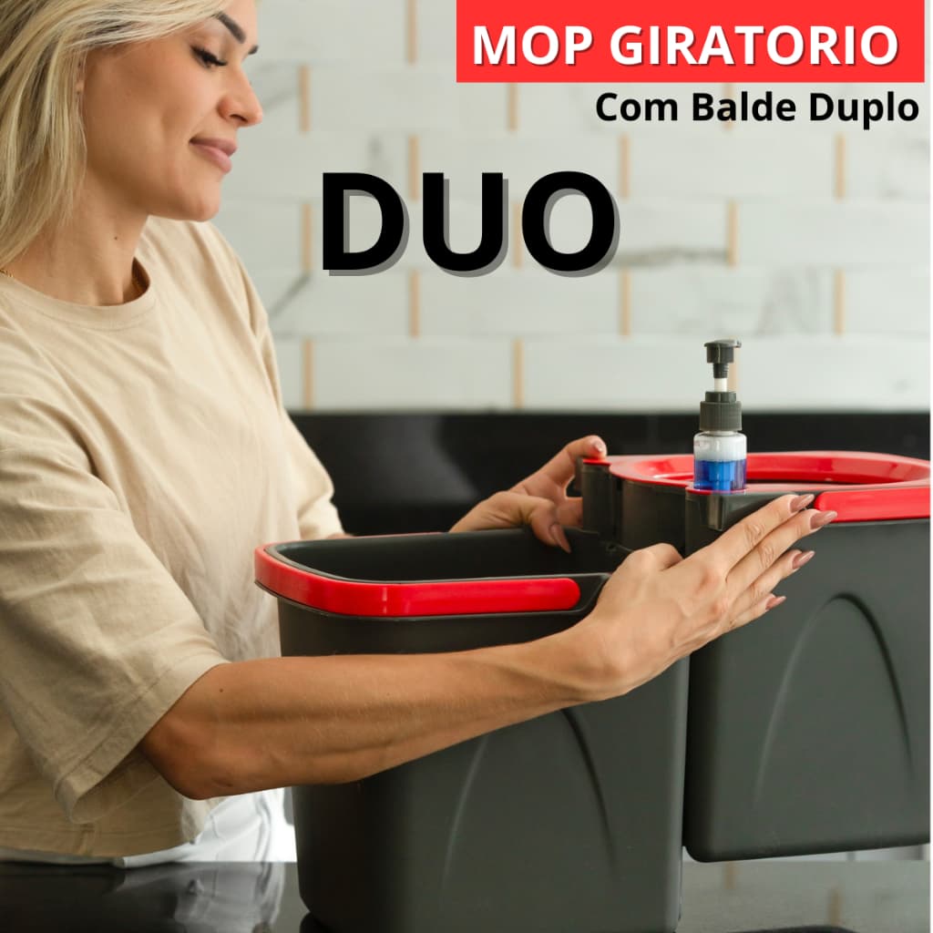 Esfregão giratório Duo com cabo de aço inoxidável estendido e balde duplo para esfregão limpo 360