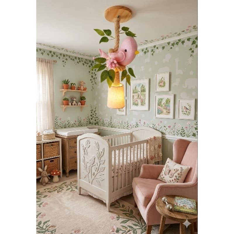Peça decorativa artesanal iluminada quarto bebê menina passarinho rosa