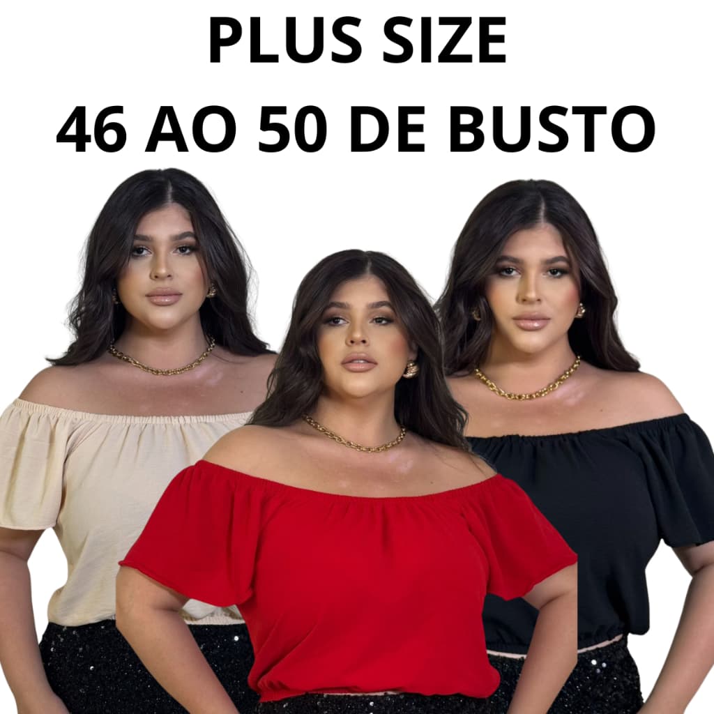 Blusa  Curta Feminina Plus Size Ciganinha Elástico No Ombro Crepe Dunas Cropped Manguinhas Soltinhas