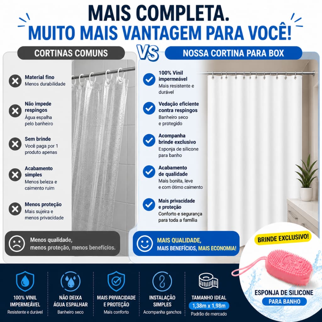 CORTINA PARA BOX VINIL LUXO + BRINDE ESPONJA DE SILICONE