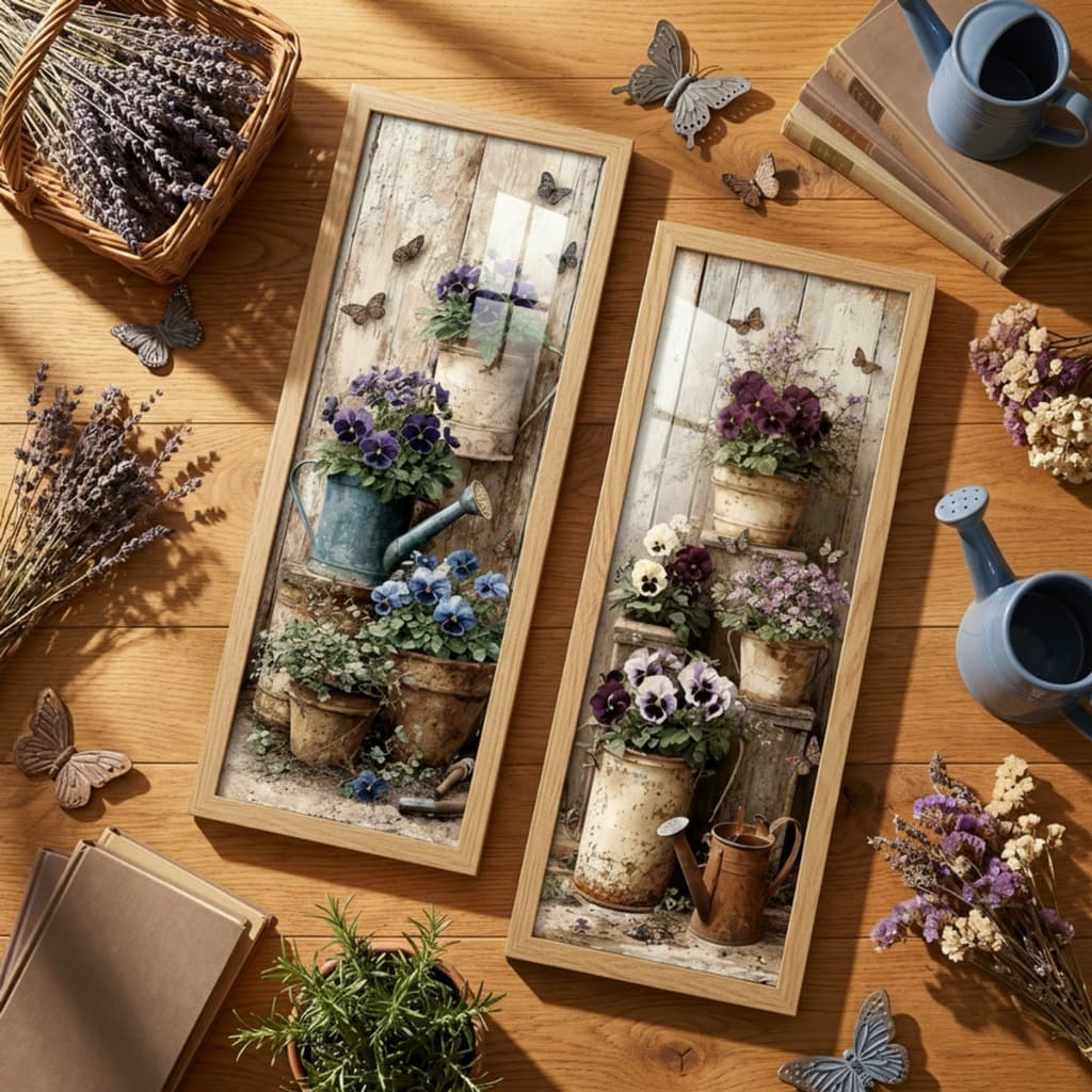 Kit 2 Quadros Decorativos Verticais 18x45 Vasos Rústicos Flores Borboletas Moldura Vidro Sala Quarto