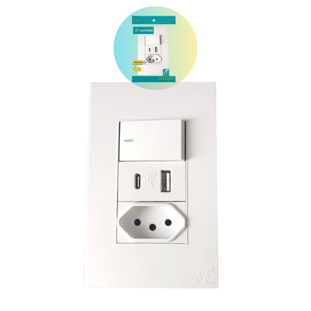 Tomada USB Tipo C + USB A + Interruptor 10A Padrão 4x2 Bivolt Inmetro