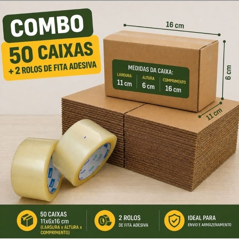 Combo 50 Caixa de Papelão Pequena 16x11x6 + 2 Fita Adesiva 45mm x 100m – Kit para Envios