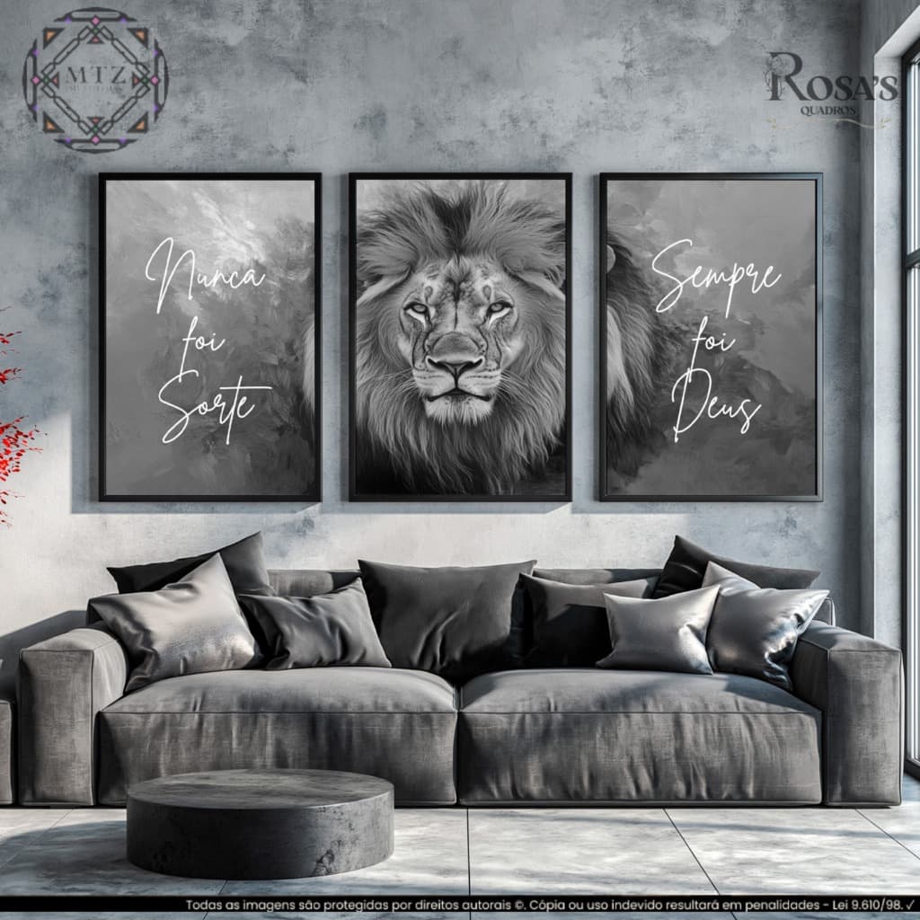 Kit 3 Peças Quadros Decorativos Leão Fé Nunca Foi Sorte Sempre Foi Deus Preto Branco Premium Moderno