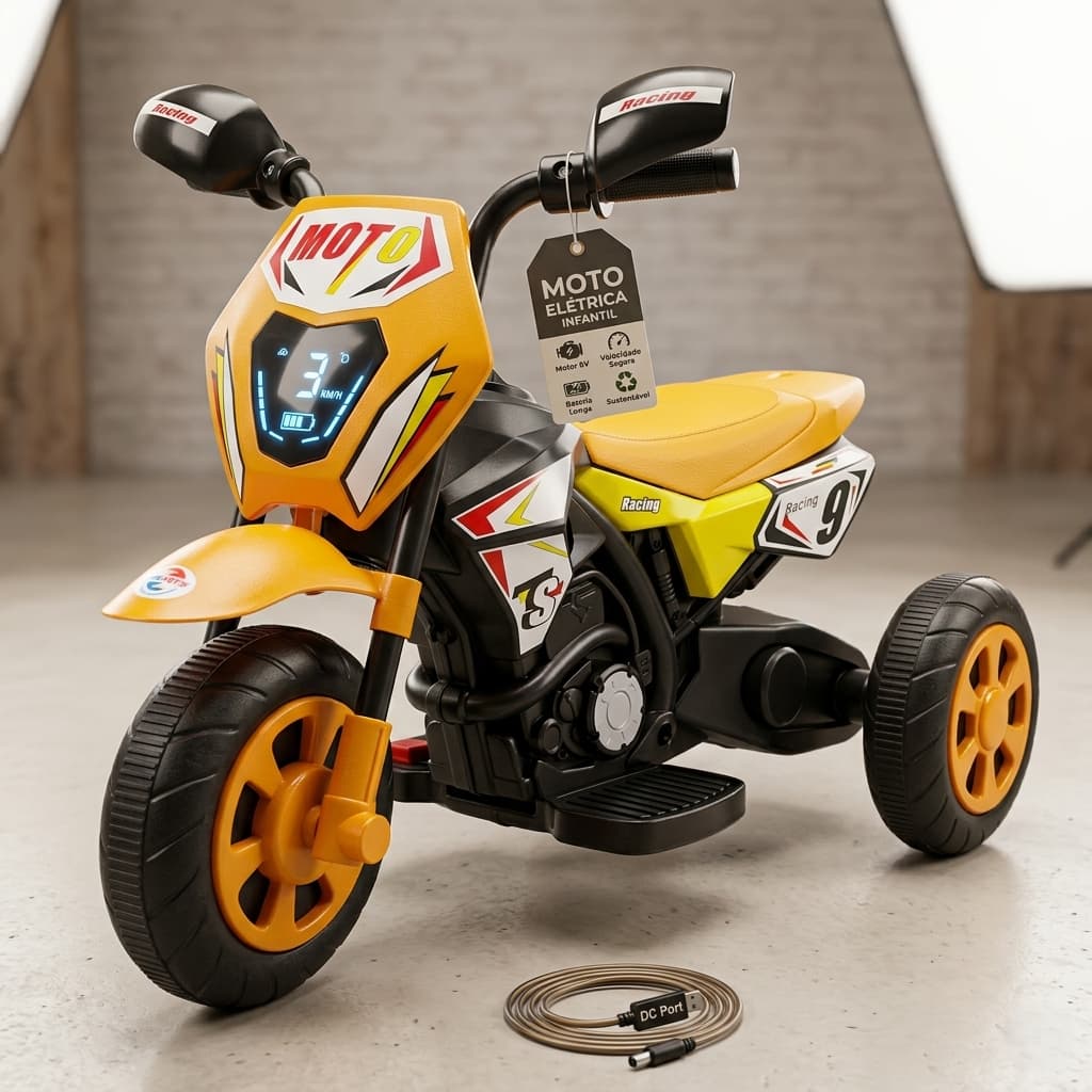 Moto Infantil Elétrica 6V Cross Luz Led Laranja Criança Passeio Diversao Jardim