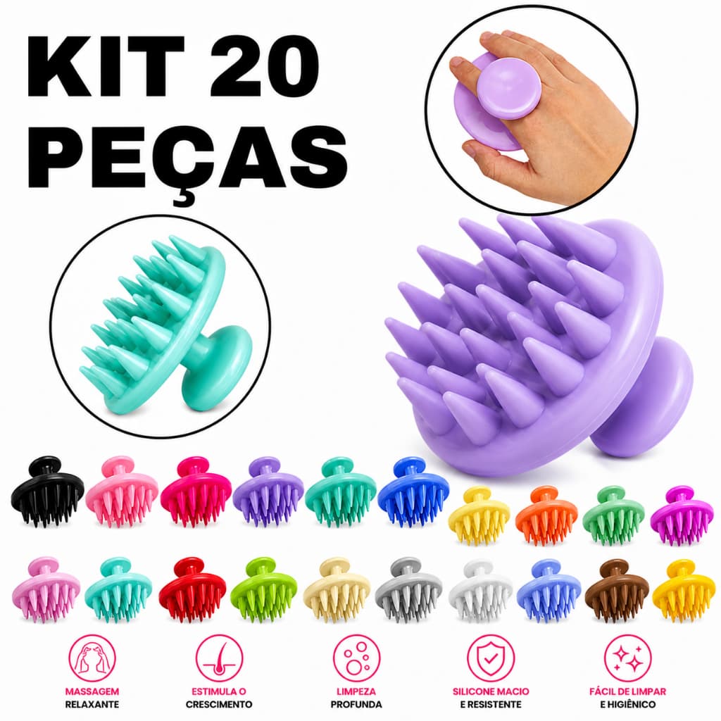 Kit 20 Escova Magica Massageador Capilar de Silicone Beauty Flash | Relaxamento + Limpeza Profunda no Banho