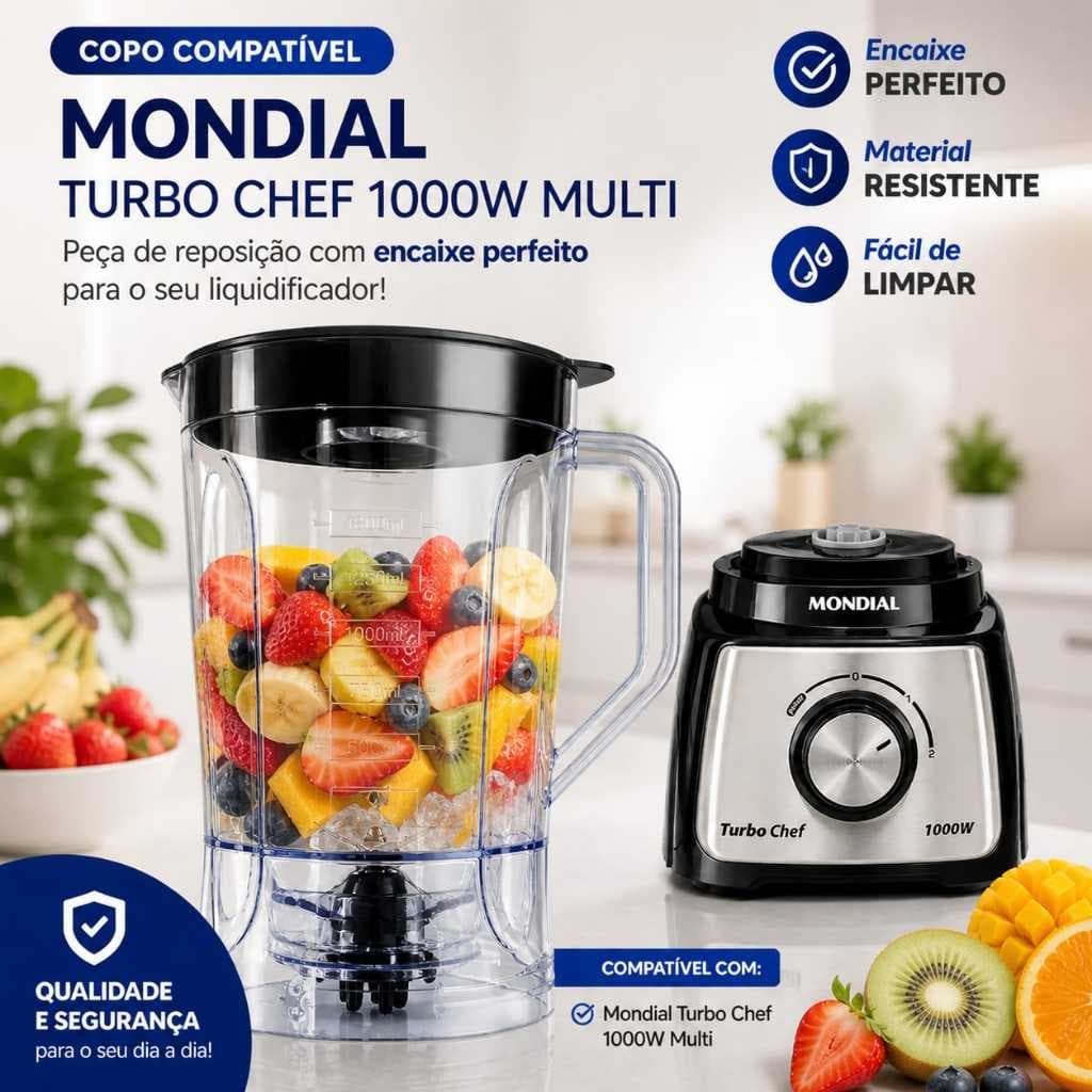 Copo para liquidificador compativel com.  Mondial Turbo Chef 1000w Mult Sangel (tampa Pta.) Cristal - 9838