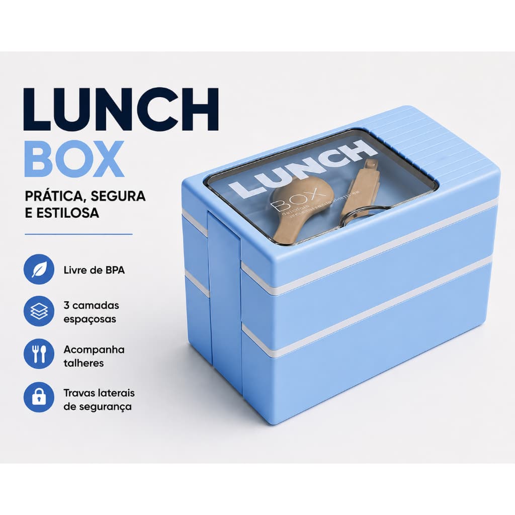 Lunch Box Marmita 3 Camadas com Talheres 900ml BPA Free Azul para Trabalho Escola Academia Micro-ondas e Geladeira