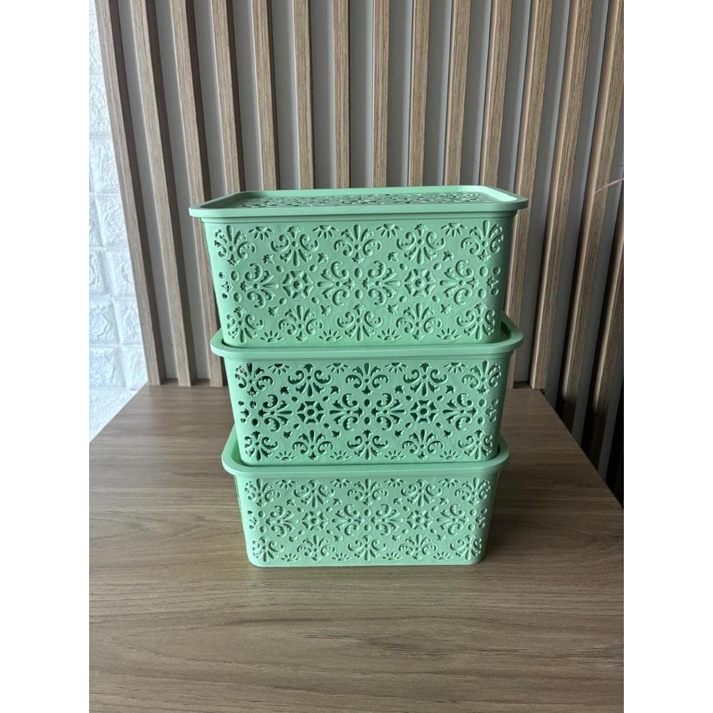 Kit 3 Caixas Organizadoras Oriental Verde com tampa-  3,5 LITROS – Organização Prática Empilhável Armazenamento