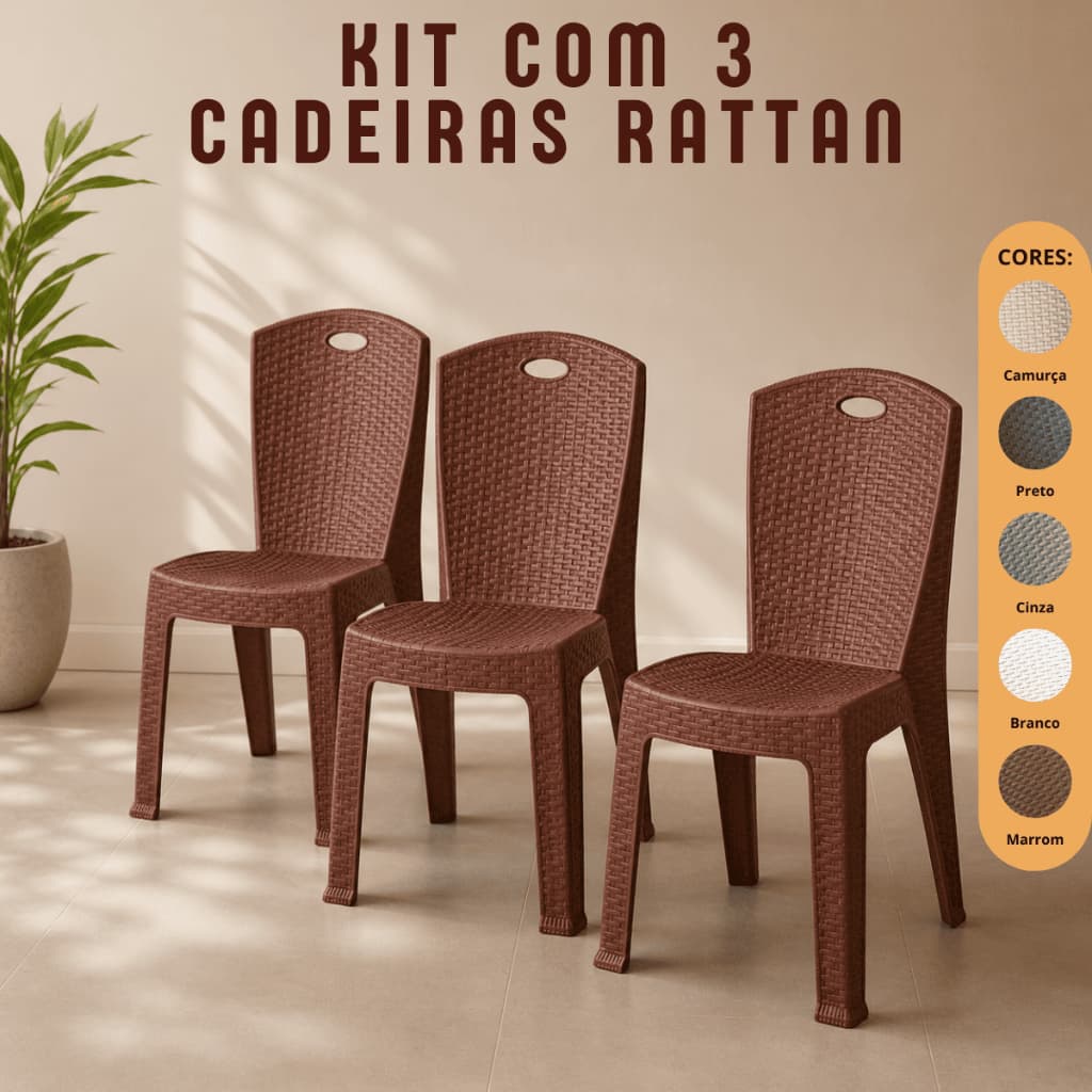 Kit 3 Cadeiras Rattan Reforçada Empilhável Cozinha Escritório Varanda Salão Área Lazer ENVIO IMEDIATO