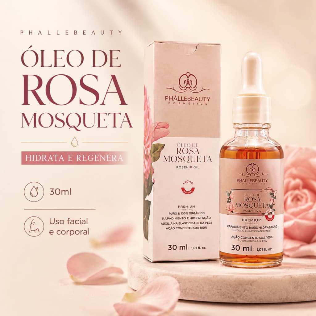 Phallebeauty Óleo de Rosa Mosqueta 30ml Hidratante Regenerador Facial Corporal