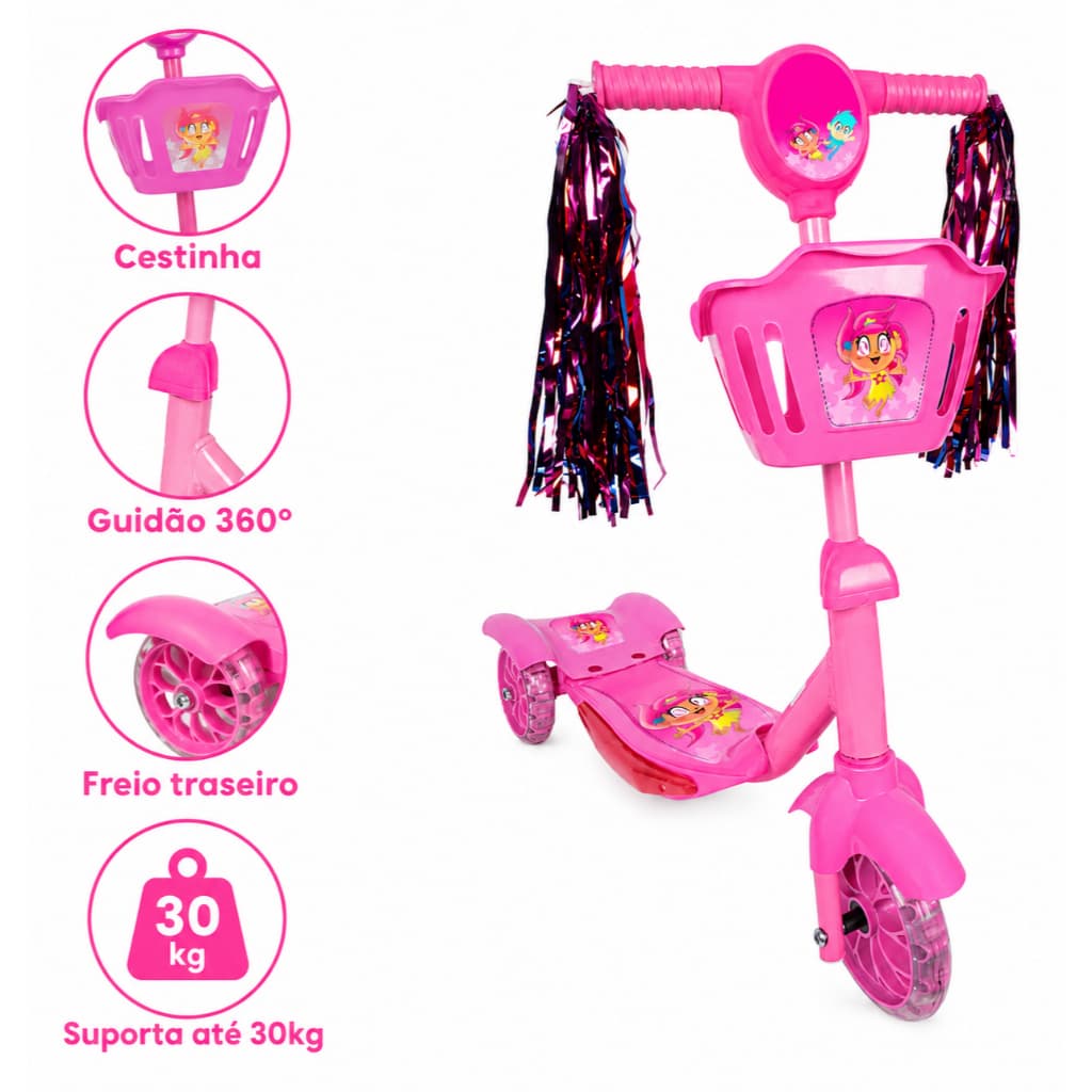 Patinete Infantil Meninas Musical e Luzes 3 Rodas Com Cesta Rosa Brinquedo