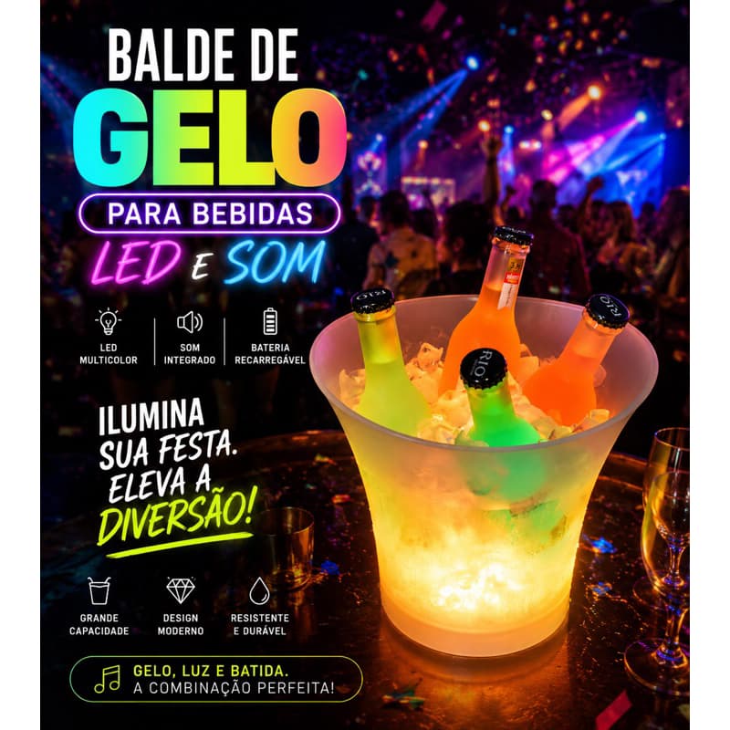 Balde Original Para Bebidas com LED e Caixa de Som - Branca / Bar Balada Churrasco Festa Aniversário