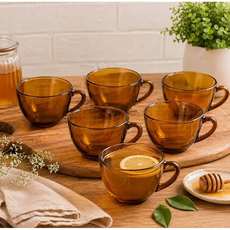 Jogo De Xícara Kit 6 Ambar Marrom Vidro 225ml Cafe Cha