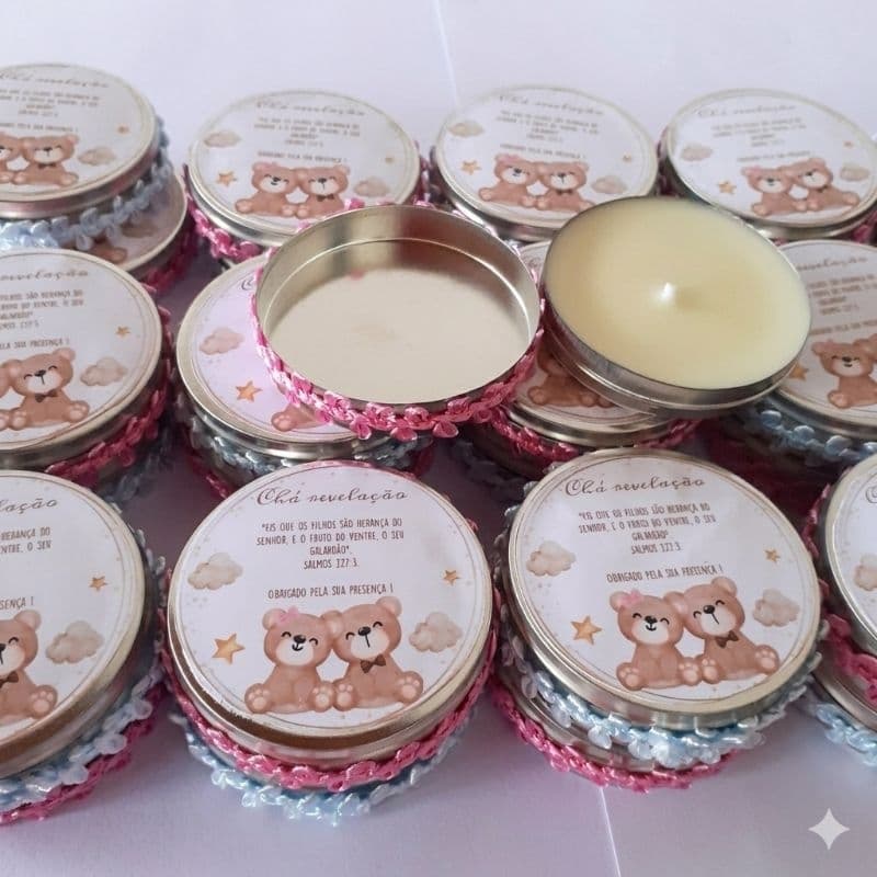 Velas aromáticas Lembrancinhas chá de bebê- chá de fraldas, Maternidade Vela Aromática Personalizada com Card e Latinha