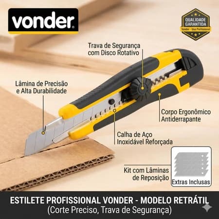 Estilete Profissional Emborrachado Com Trava e 4 Lâminas 18mm Reforçado